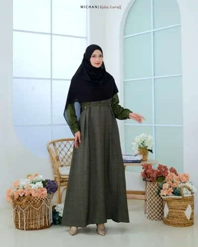 Michan - Gamis Dewasa - OVERALL Alika Linen Army - Michan.co.id