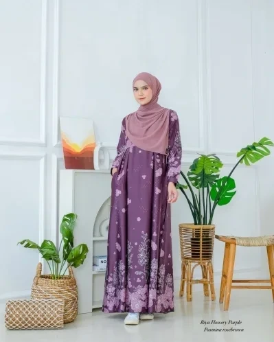 Michan - Gamis Dewasa - Biya Flowery Dress GRAPE PURPLE - Michan.co.id