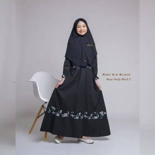 Michan - Gamis Kidz Michan - KID Sasy FLOWER Black - Michan.co.id