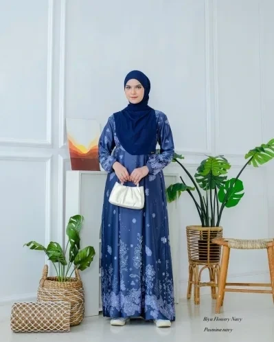 Michan - Gamis Dewasa - Biya Flowery Dress NAVY - Michan.co.id