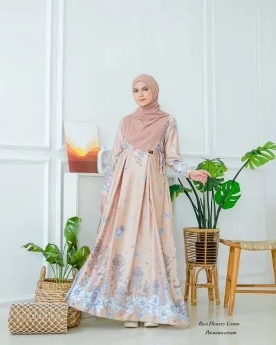 Michan - Gamis Dewasa - Biya Flowery Dress CREAM - Michan.co.id