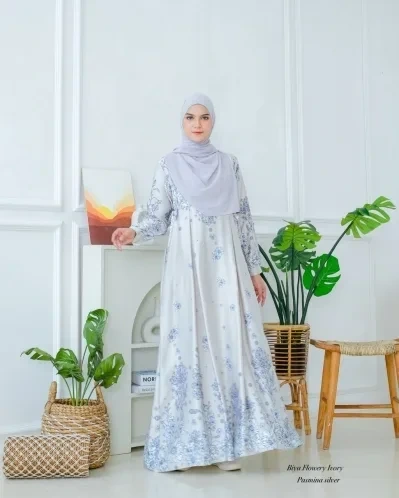 Michan - Gamis Dewasa - Biya Flowery Dress IVORY - Michan.co.id