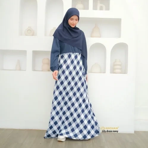 Michan - Gamis Dewasa - Lily Square Dress Navy - Michan.co.id