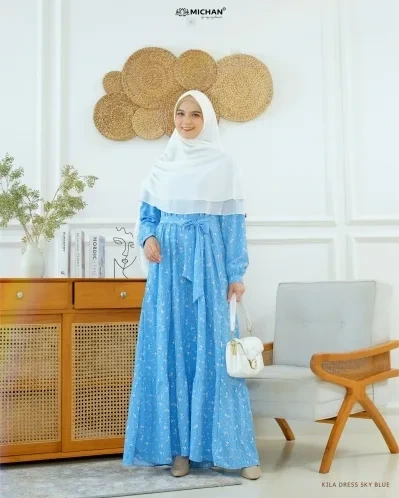 Michan - Gamis Dewasa - Kila Dress Crinkle SKY Blue - Michan.co.id