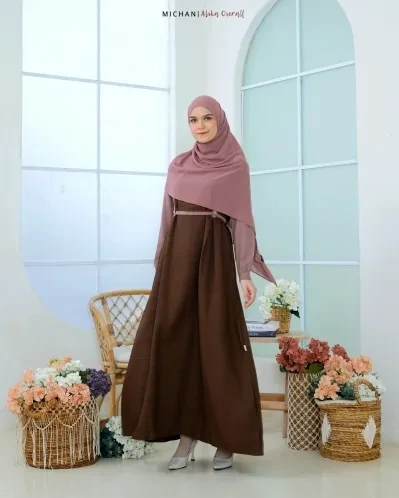Michan - Gamis Dewasa - OVERALL Alika Linen Mahogany - Michan.co.id
